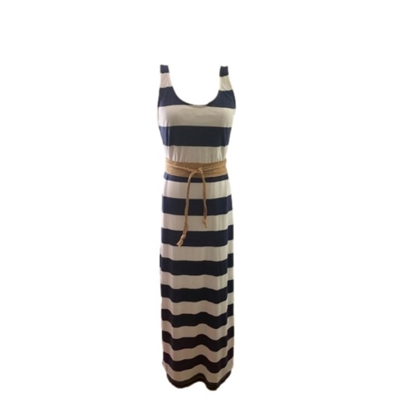 Anthropology THYME & HONEY NAVY BLUE & WHITE STRIPED MAXI LINED DRESS EUC SZ M - Picture 2 of 8